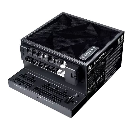 Bloc d'alimentation Lian Li EG1200P de couleur noire, présentant divers connecteurs pour CPU, PCIe, SATA et Molex sur le devant.