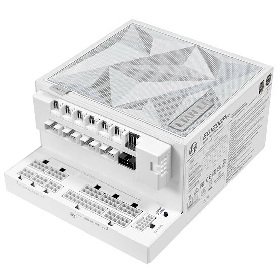 Bloc d'alimentation blanc Lian Li EG1200P2, avec ses différents connecteurs modulaires visibles sur le dessus et le dessous.