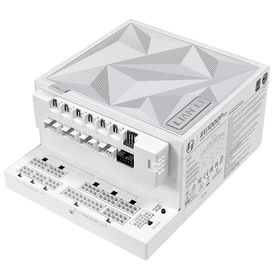 Bloc d'alimentation blanc Lian Li avec ses différents connecteurs pour CPU, PCIe, SATA et Molex.