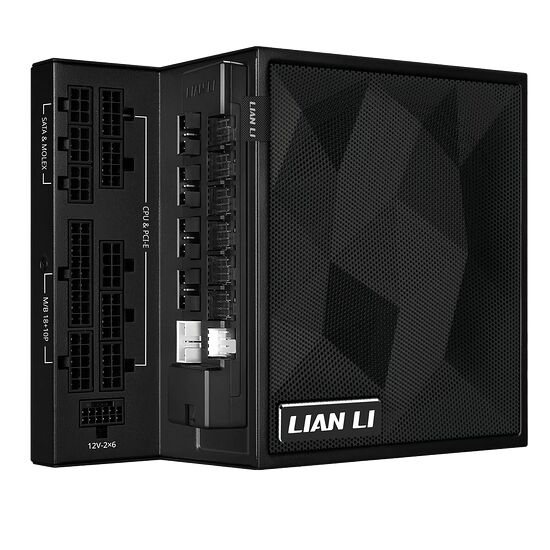 Bloc d'alimentation Lian Li avec divers connecteurs visibles, notamment des ports SATA, Molex, CPU, PCIe et des connecteurs 12V-2x6.