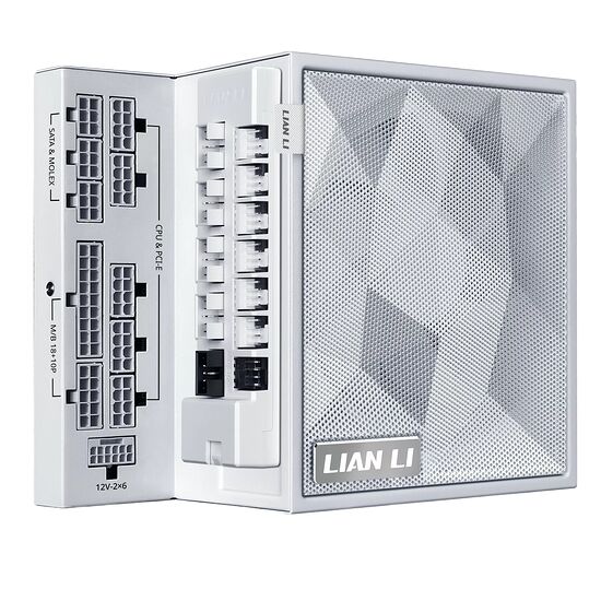 Bloc d'alimentation blanc de la marque Lian Li avec ses différents connecteurs visibles, notamment pour le CPU, le PCIe, le SATA et le Molex.