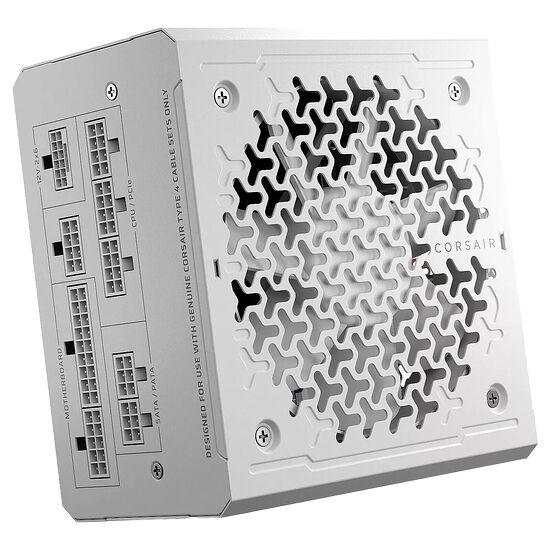 Bloc d'alimentation Corsair avec ses connecteurs 12V-2x6, CPU/PCIe, Motherboard et SATA/PATA visibles sur la face avant.