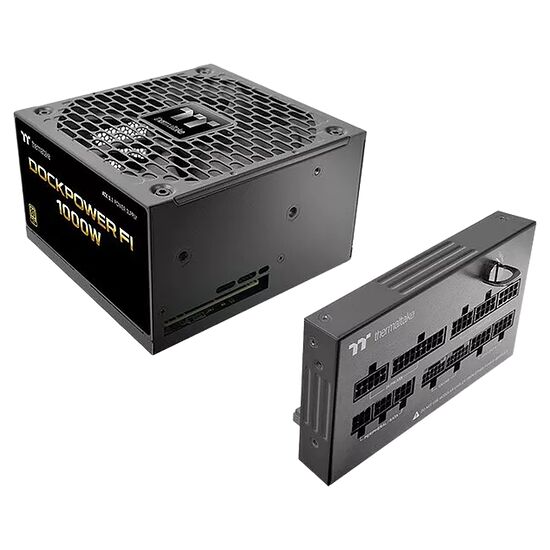 Bloc d'alimentation Thermaltake Dock Power de 1000W, de couleur noire, accompagné de son module de câbles modulaires.