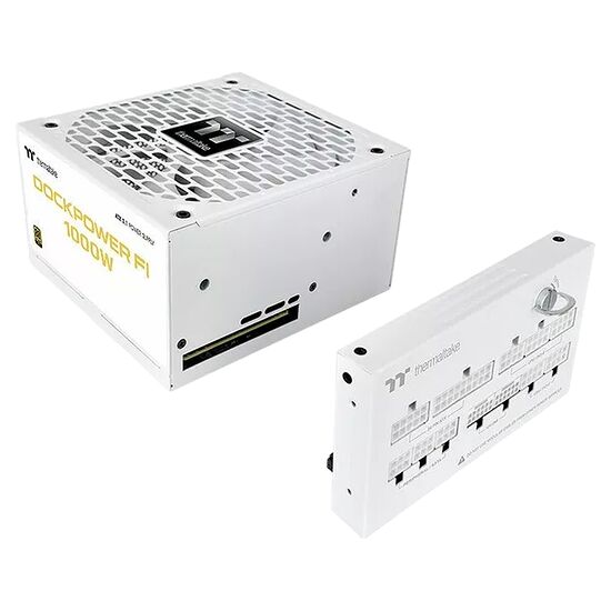 Bloc d'alimentation Thermaltake Dock Power 1000W de couleur blanche, présenté de face et de profil avec ses connecteurs visibles.