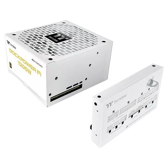 Bloc d'alimentation Thermaltake Dock Power FI de 1200W, de couleur blanche, accompagné de son module de connectivité.