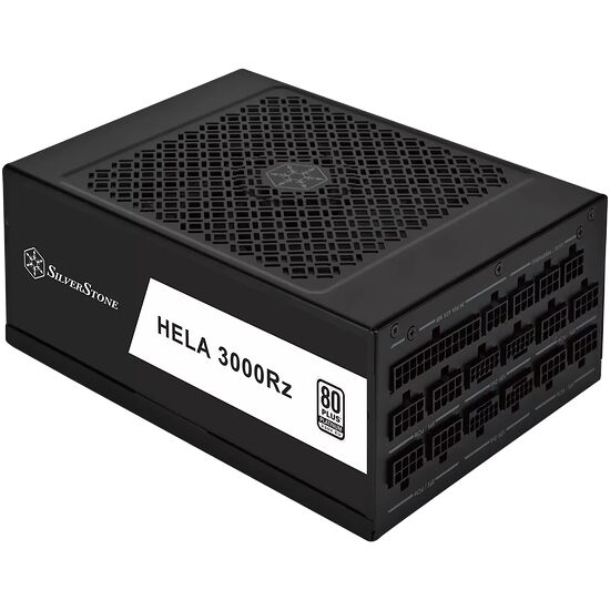 Bloc d'alimentation SilverStone HELA 3000Rz certifié 80 Plus Platinum, avec de nombreux connecteurs modulaires visibles sur le côté.