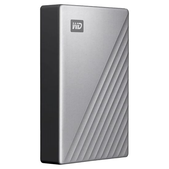 Disque dur externe WD de couleur argentée avec un design strié.