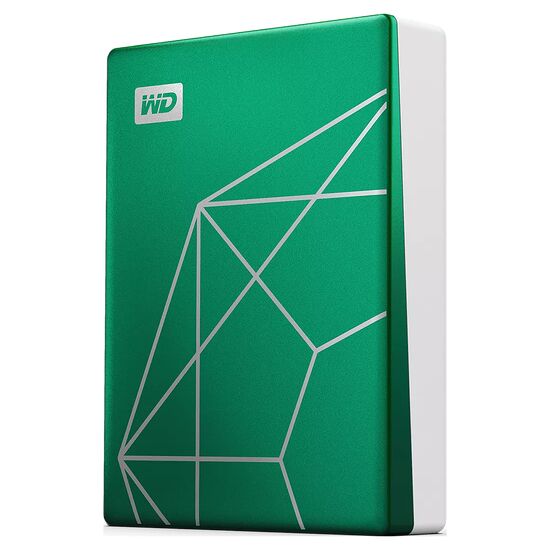 Disque dur externe WD de couleur verte avec un motif géométrique blanc et le logo WD en haut à gauche.