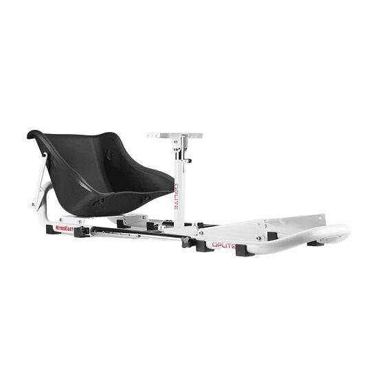 Siège de cockpit de simracing MetroKart de couleur noire et blanche, avec un châssis métallique et un support pour écran.