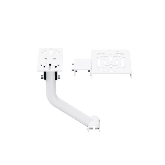 Support de moniteur blanc avec bras articulé et plaques de fixation VESA.