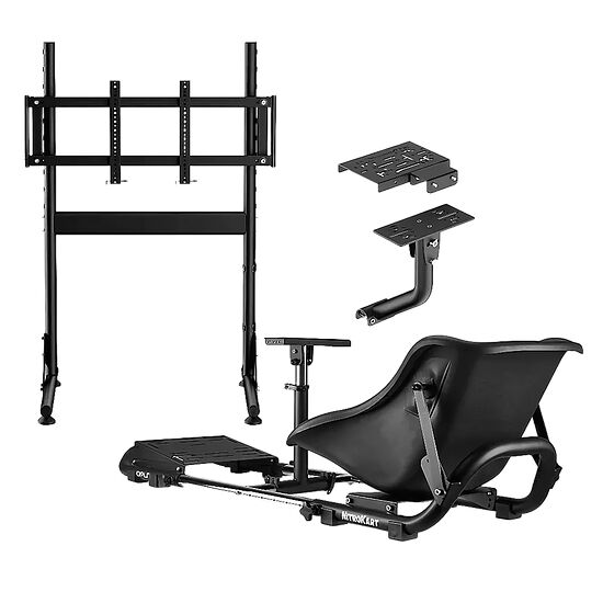 Ensemble de mobilier gaming comprenant un support d'écran réglable sur pied, un support de clavier et un siège ergonomique noir de la marque NitroKart.