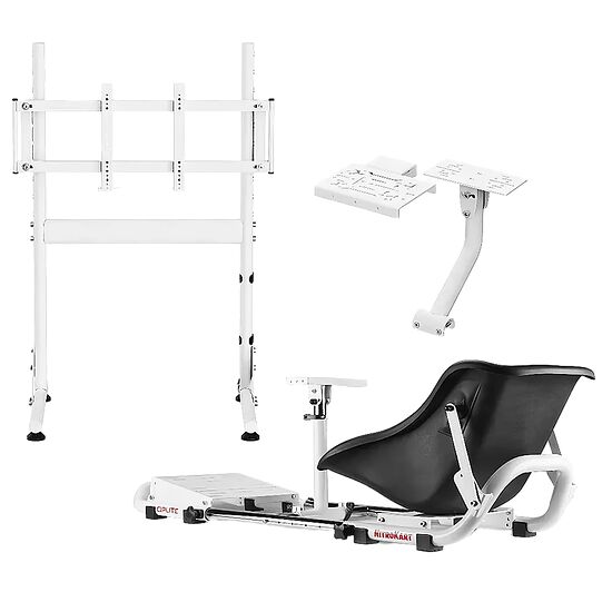 Ensemble de support de moniteur et de siège de gaming blanc et noir, comprenant un pied de fixation, un bras articulé et une assise ergonomique.