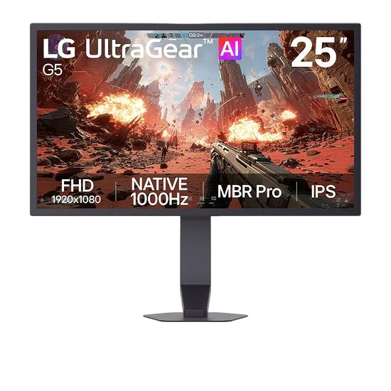 Écran de PC gamer LG UltraGear G5 de 25 pouces, affichant une résolution FHD, une fréquence de 1000Hz et une dalle IPS.