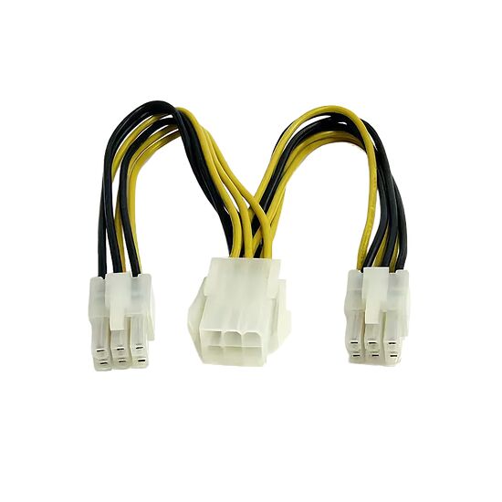Câble d'alimentation avec connecteurs blancs pour composants PC, comprenant un connecteur large et trois connecteurs plus petits sur des fils jaunes et noirs.