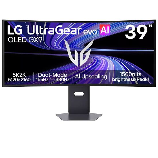 Écran incurvé LG UltraGear evo AI de 39 pouces avec dalle OLED. L'image affiche les caractéristiques principales : résolution 5K2K, mode dual-mode (165Hz à 330Hz) et luminosité de 1500 nits.