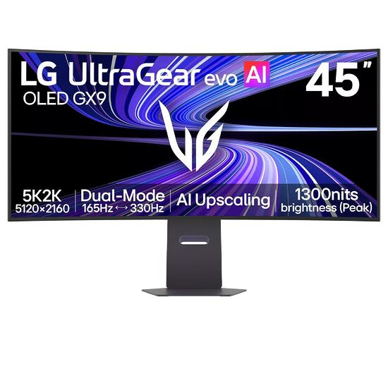 Écran incurvé LG UltraGear evo OLED de 45 pouces, affichant une résolution 5K2K et un taux de rafraîchissement allant jusqu'à 330Hz. L'écran présente un design ultra-large avec des finitions sombres.