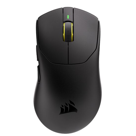 Souris gaming Corsair noire avec une molette de défilement jaune et un indicateur lumineux vert.