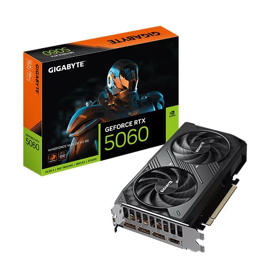 Carte graphique Gigabyte GeForce RTX 5060 présentée avec sa boîte d'emballage noire et orange. La carte possède deux ventilateurs et un design compact.