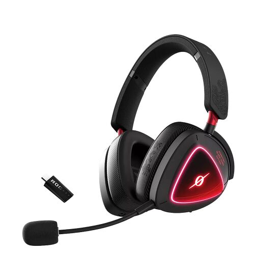 Casque gaming ASUS ROG noir avec des accents rouges et un micro déporté, accompagné de son récepteur USB.