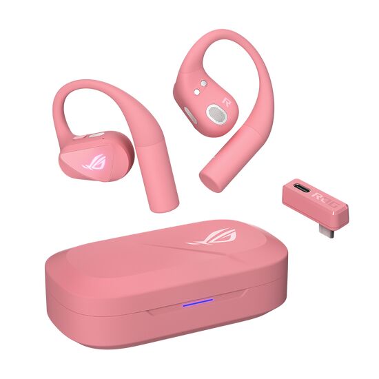 Écouteurs sans fil et leur boîtier de charge rose de la marque ROG, accompagnés d'un câble de charge USB-C.