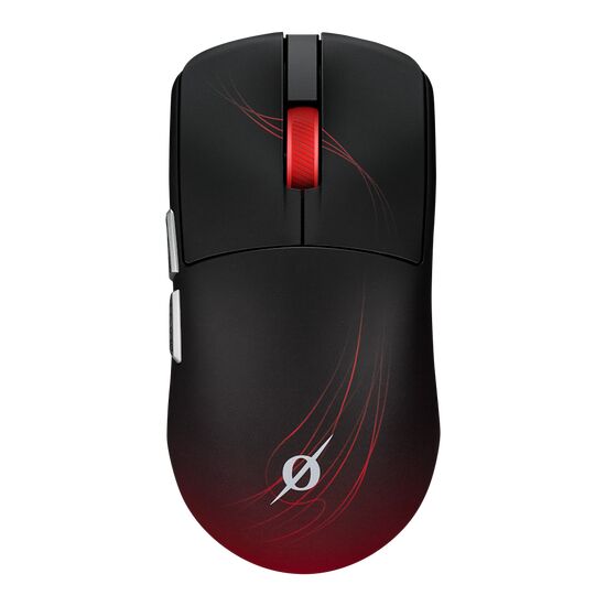 Souris gaming noire avec des motifs de lignes rouges élégantes et un logo blanc sur le dessus.