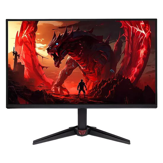 Écran PC gamer incurvé affichant une illustration fantastique d'un dragon rouge et noir. L'écran est monté sur un pied noir robuste en forme de trépied.