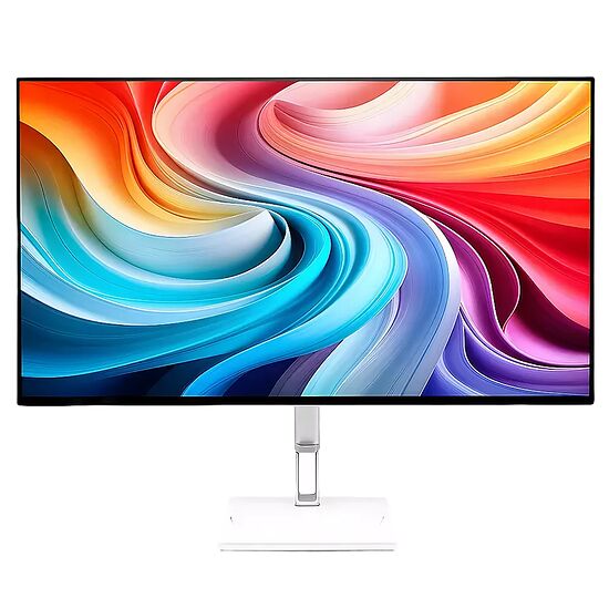 Écran d'ordinateur large avec un fond d'écran abstrait aux couleurs vives et un pied argenté.