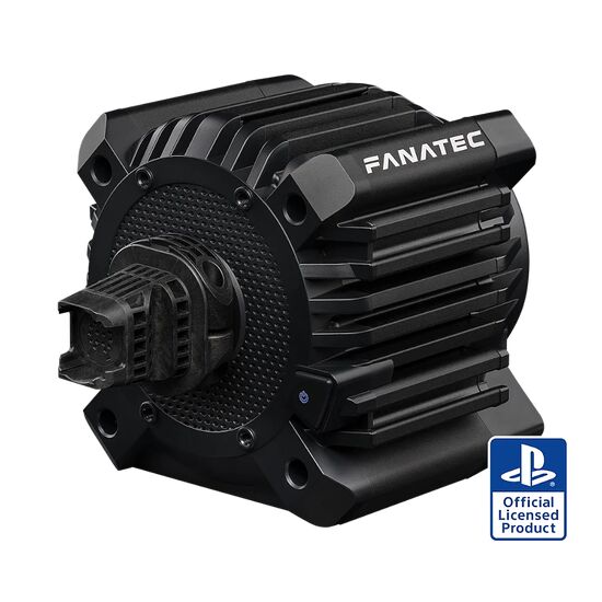 Base de volant Fanatec noire avec un design robuste et des ailettes de refroidissement, accompagnée du logo PlayStation en bas à droite.