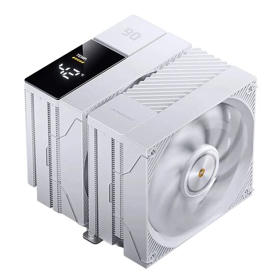 Ventirad de processeur blanc avec un écran numérique intégré affichant la température et un ventilateur central.