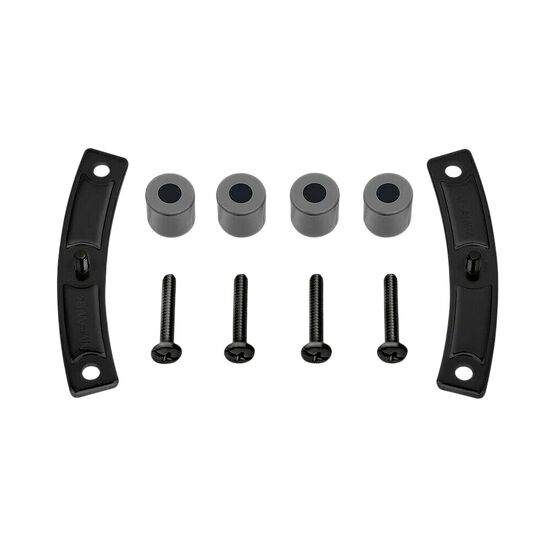 Ensemble de quatre entretoises cylindriques et quatre vis de montage noires, accompagnées de deux supports de fixation incurvés en métal noir.