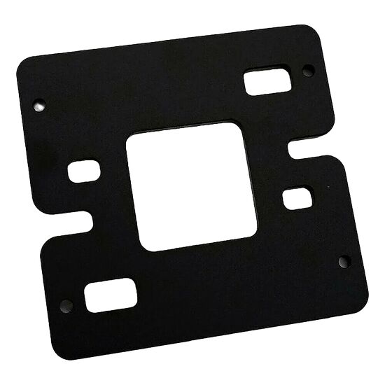 Plaque de montage noire avec plusieurs ouvertures rectangulaires et circulaires, destinée à l'installation de composants informatiques.