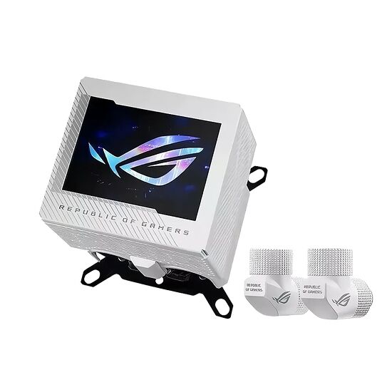 Écran LCD ASUS ROG avec un logo lumineux sur fond bleu et noir, accompagné de deux raccords de refroidissement liquide blancs.