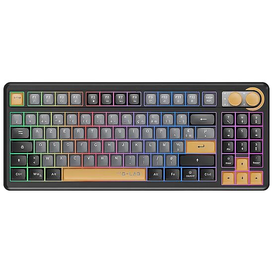 Clavier mécanique rétroéclairé G-LAB avec touches colorées et pavé numérique, présenté sur fond blanc.