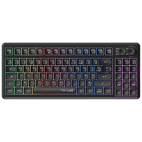Clavier mécanique rétroéclairé RGB de la marque G-LAB avec pavé numérique, de couleur noire.