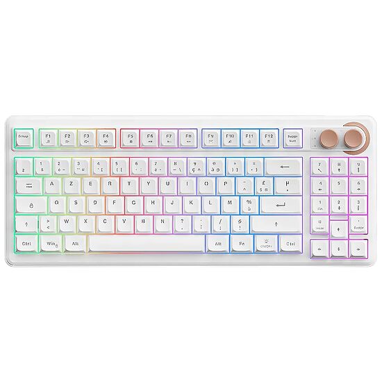 Clavier mécanique blanc avec rétroéclairage RGB multicolore et une molette de contrôle sur le côté droit.