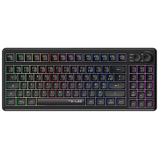Clavier gamer G-LAB avec rétroéclairage RGB multicolore et pavé numérique.