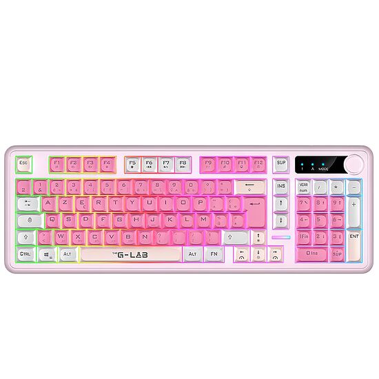 Clavier gaming rétroéclairé avec touches roses et blanches, présentant un design compact et des effets de lumière colorés.