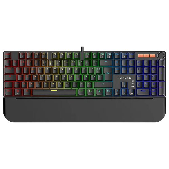 Clavier gamer G-LAB rétroéclairé avec touches colorées et repose-poignet noir assorti.