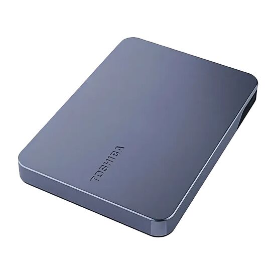Disque dur externe de marque Toshiba de couleur bleue.