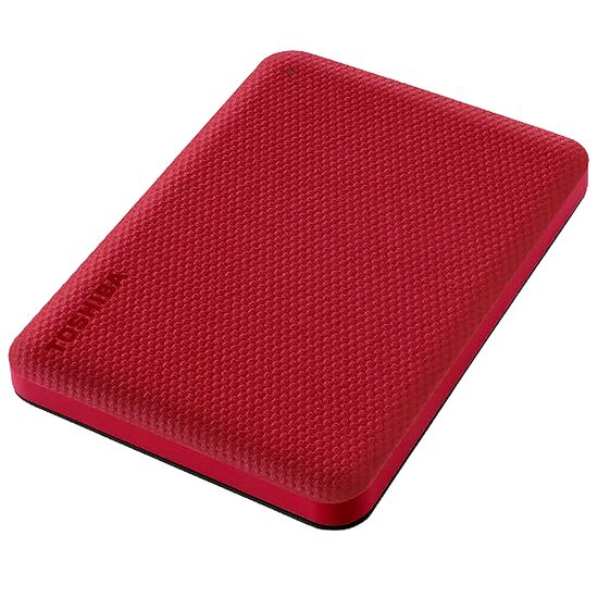 Disque dur externe rouge de la marque Toshiba avec une texture striée sur le dessus.
