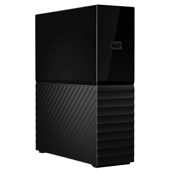Boîtier PC noir avec un design texturé strié sur la partie inférieure et un panneau supérieur lisse arborant le logo WD.
