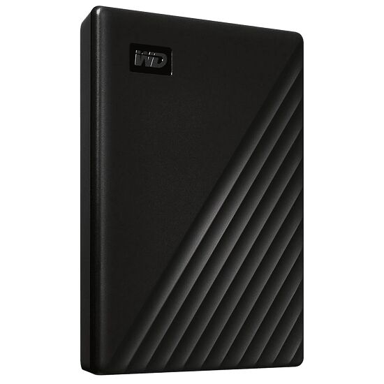 Disque dur externe noir de la marque WD avec un design strié sur la face avant.