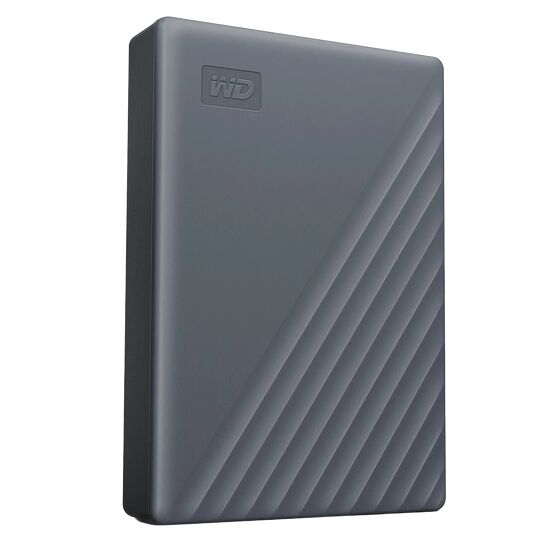 Disque dur externe WD de couleur grise avec un design strié.