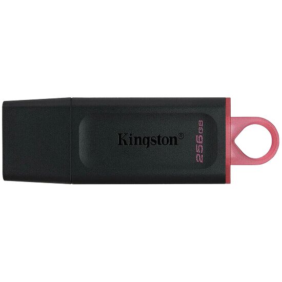 Clé USB Kingston de 256 Go de couleur noire avec un anneau de fixation rouge.