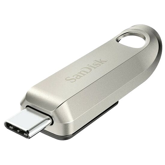 Clé USB SanDisk avec connecteur USB-C et boîtier en métal argenté.