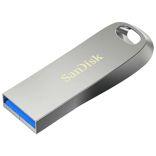 Clé USB SanDisk en métal argenté avec un connecteur USB bleu.