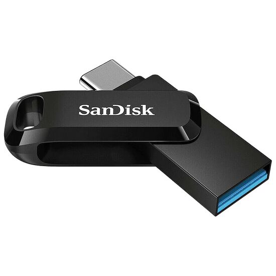 Clé USB SanDisk noire avec un connecteur USB-C et un anneau de fixation.