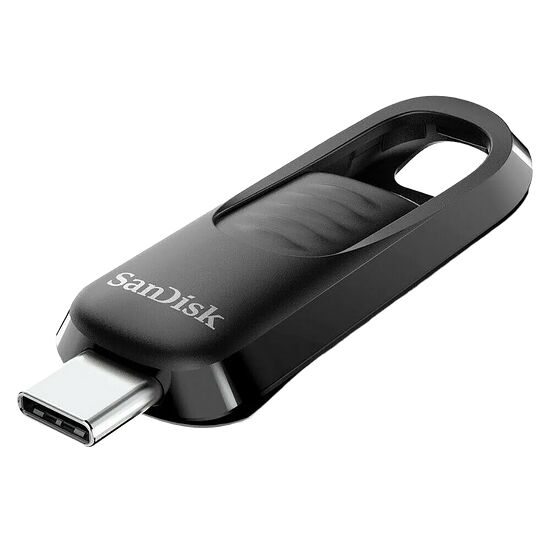 Clé USB SanDisk avec connecteur USB-C, de couleur noire et de format compact.