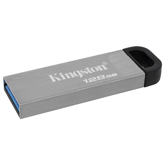 Clé USB Kingston de 128 Go avec un boîtier en métal brossé et un capuchon noir.