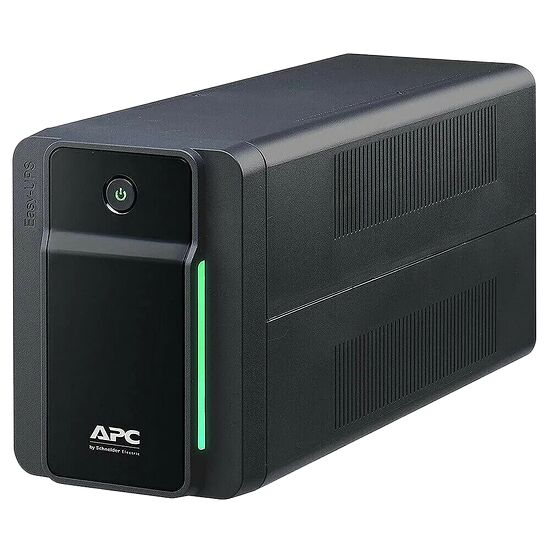 Onduleur APC noir avec un voyant lumineux vert sur la face avant et le logo de la marque.